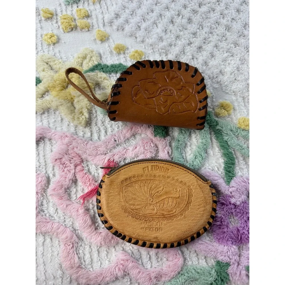Vintage‎ Tooled Leather Coin Purse Pouch Florida Mexico Floral Design